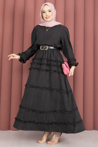 Kat Kat Fırfır Detaylı Etekli Takım Siyah - Thumbnail