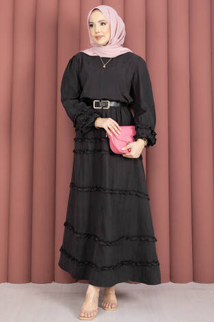 Kat Kat Fırfır Detaylı Etekli Takım Siyah - Thumbnail