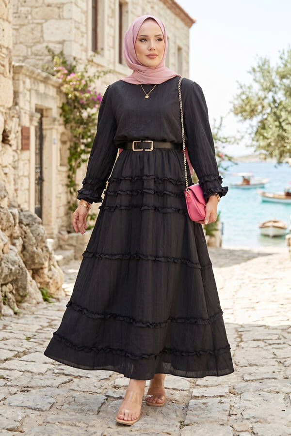 Ums - Kat Kat Fırfır Detaylı Etekli Takım Siyah