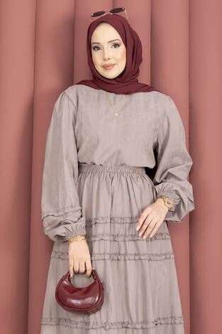 Kat Kat Fırfır Detaylı Etekli Takım Vizon - Thumbnail