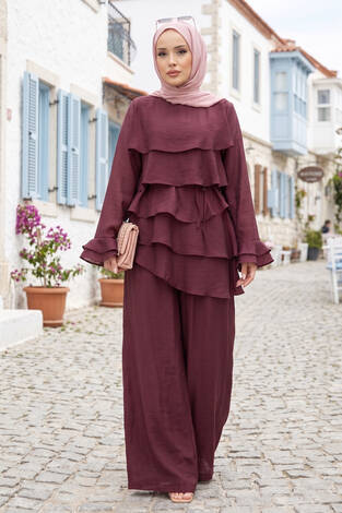 Kat Kat Fırfırlı Tunik Pantolon İkili Takım Bordo - Thumbnail