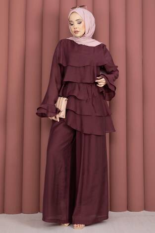 Kat Kat Fırfırlı Tunik Pantolon İkili Takım Bordo - Thumbnail