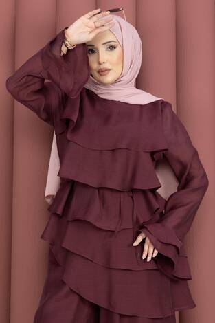 Kat Kat Fırfırlı Tunik Pantolon İkili Takım Bordo - Thumbnail