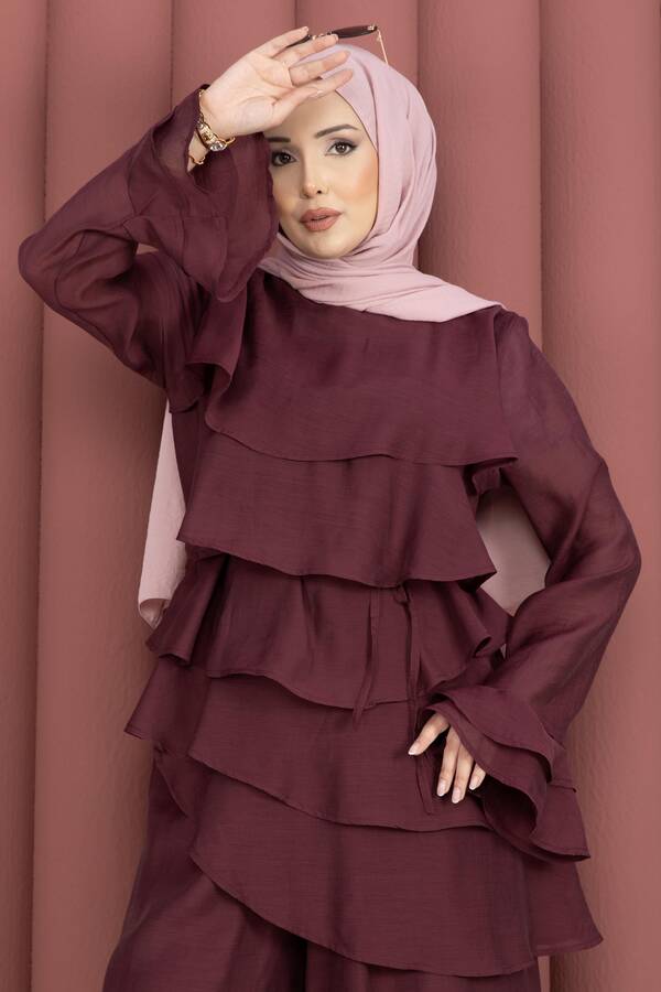 Htn - Kat Kat Fırfırlı Tunik Pantolon İkili Takım Bordo (1)