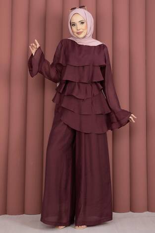 Kat Kat Fırfırlı Tunik Pantolon İkili Takım Bordo - Thumbnail