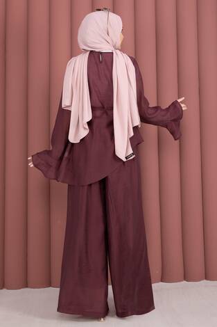 Kat Kat Fırfırlı Tunik Pantolon İkili Takım Bordo - Thumbnail