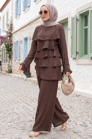 Kat Kat Fırfırlı Tunik Pantolon İkili Takım Kahve