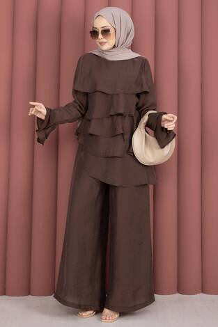 Kat Kat Fırfırlı Tunik Pantolon İkili Takım Kahve - Thumbnail
