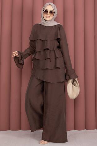 Kat Kat Fırfırlı Tunik Pantolon İkili Takım Kahve - Thumbnail