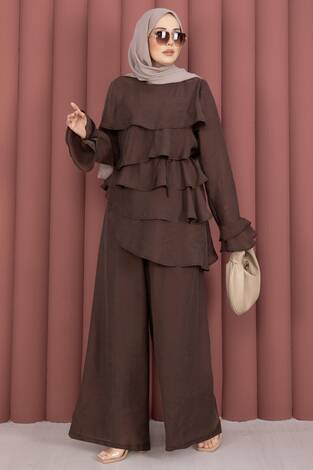Kat Kat Fırfırlı Tunik Pantolon İkili Takım Kahve - Thumbnail