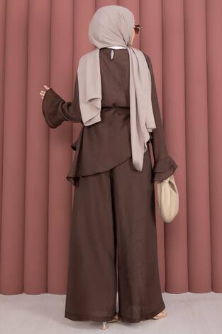 Kat Kat Fırfırlı Tunik Pantolon İkili Takım Kahve - Thumbnail