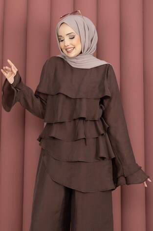 Kat Kat Fırfırlı Tunik Pantolon İkili Takım Kahve - Thumbnail