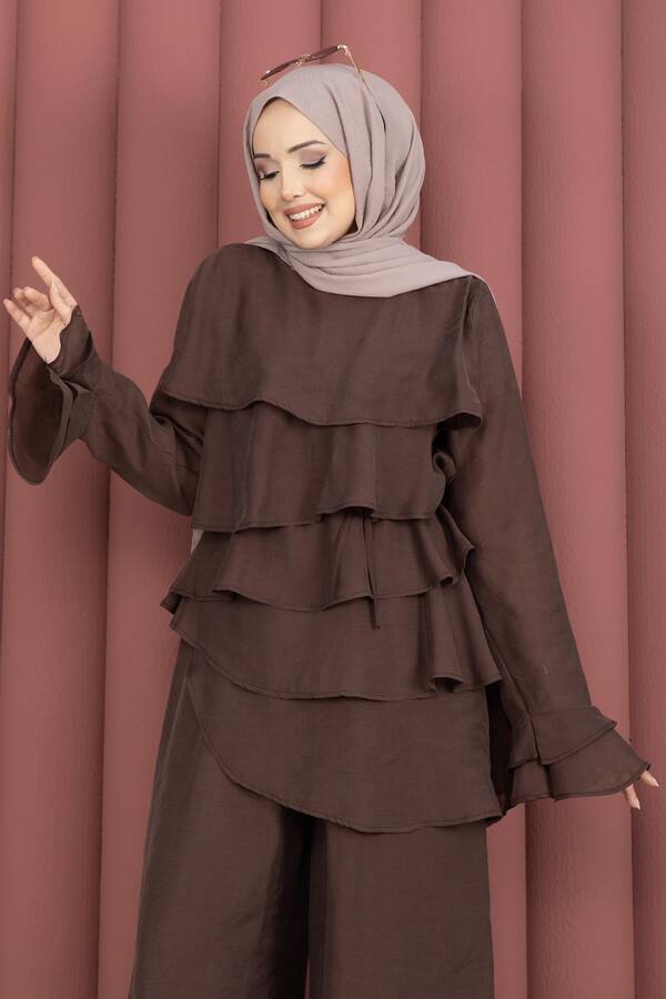 Htn - Kat Kat Fırfırlı Tunik Pantolon İkili Takım Kahve (1)