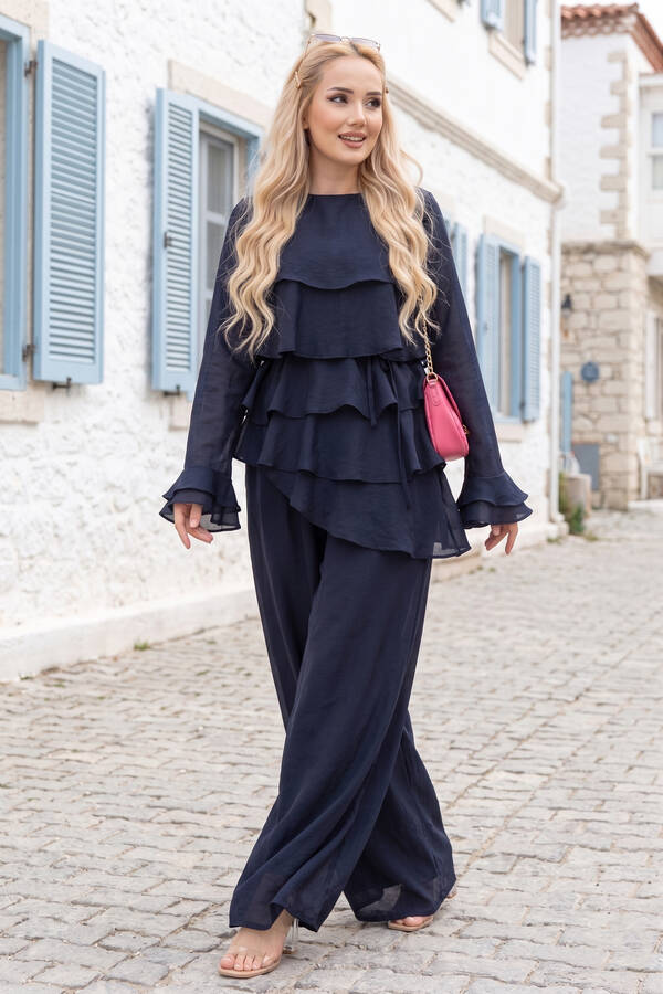 Htn - Kat Kat Fırfırlı Tunik Pantolon İkili Takım Lacivert