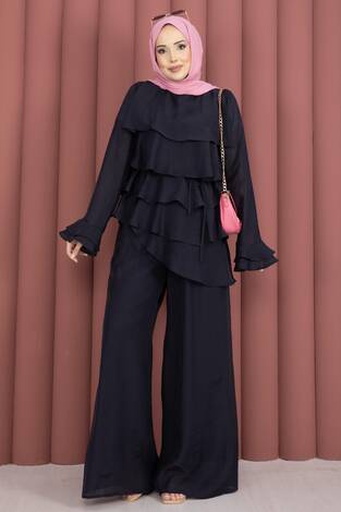 Kat Kat Fırfırlı Tunik Pantolon İkili Takım Lacivert - Thumbnail
