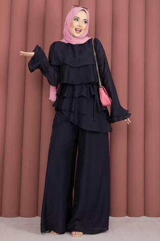 Kat Kat Fırfırlı Tunik Pantolon İkili Takım Lacivert - Thumbnail