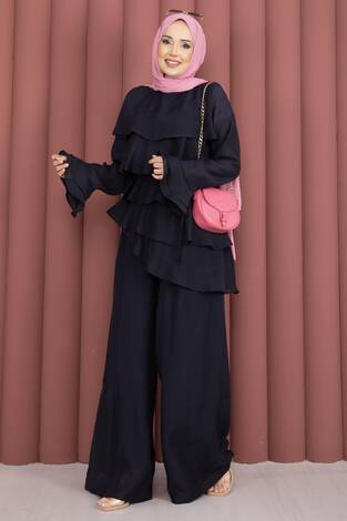 Kat Kat Fırfırlı Tunik Pantolon İkili Takım Lacivert - Thumbnail