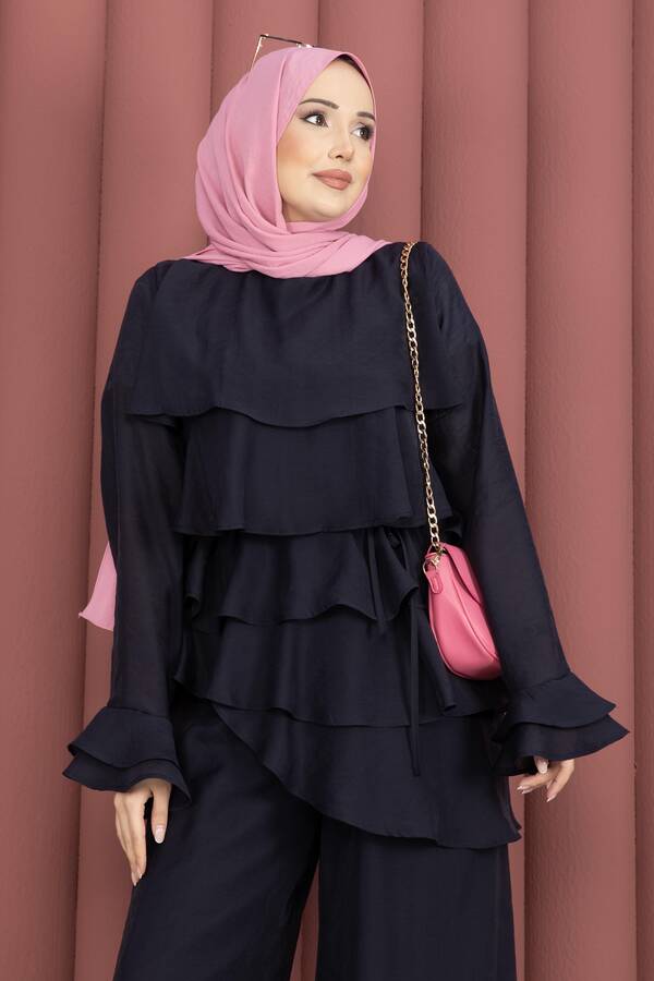 Htn - Kat Kat Fırfırlı Tunik Pantolon İkili Takım Lacivert (1)