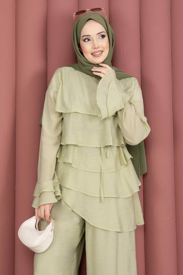 Htn - Kat Kat Fırfırlı Tunik Pantolon İkili Takım Mint (1)
