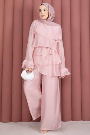 Kat Kat Fırfırlı Tunik Pantolon İkili Takım Pembe - Thumbnail