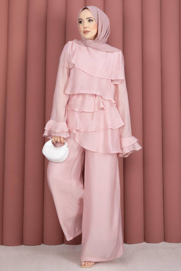 Kat Kat Fırfırlı Tunik Pantolon İkili Takım Pembe - 3