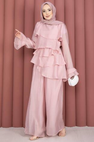 Kat Kat Fırfırlı Tunik Pantolon İkili Takım Pembe - Thumbnail