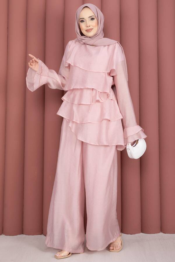 Kat Kat Fırfırlı Tunik Pantolon İkili Takım Pembe - 5