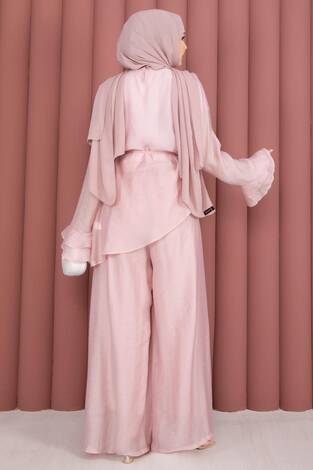 Kat Kat Fırfırlı Tunik Pantolon İkili Takım Pembe - Thumbnail