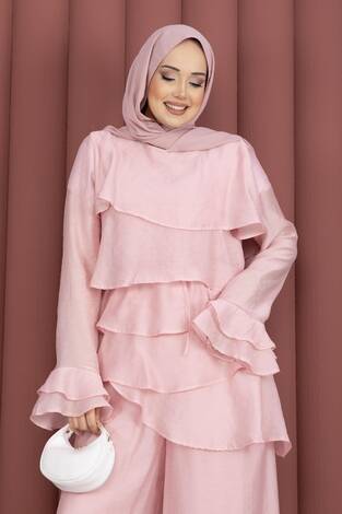 Kat Kat Fırfırlı Tunik Pantolon İkili Takım Pembe - Thumbnail