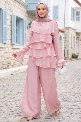 Kat Kat Fırfırlı Tunik Pantolon İkili Takım Pembe