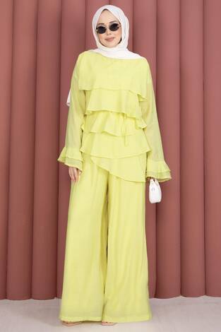 Kat Kat Fırfırlı Tunik Pantolon İkili Takım Sarı - Thumbnail