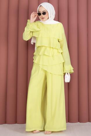 Kat Kat Fırfırlı Tunik Pantolon İkili Takım Sarı - Thumbnail