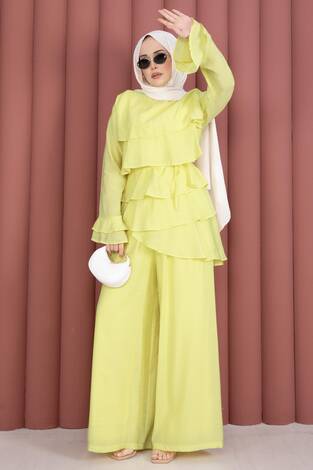 Kat Kat Fırfırlı Tunik Pantolon İkili Takım Sarı - Thumbnail