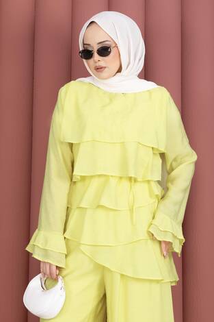 Kat Kat Fırfırlı Tunik Pantolon İkili Takım Sarı - Thumbnail