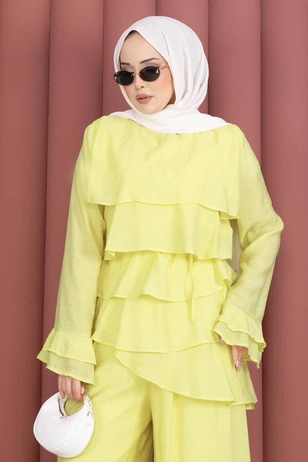 Htn - Kat Kat Fırfırlı Tunik Pantolon İkili Takım Sarı (1)