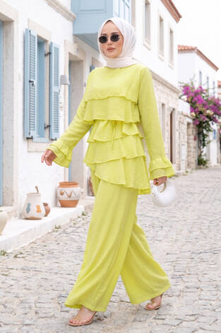Kat Kat Fırfırlı Tunik Pantolon İkili Takım Sarı
