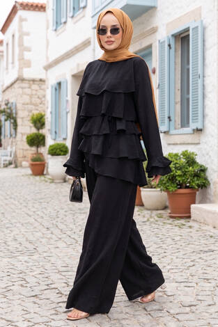 Kat Kat Fırfırlı Tunik Pantolon İkili Takım Siyah