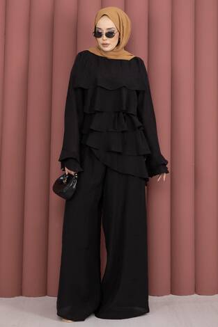 Kat Kat Fırfırlı Tunik Pantolon İkili Takım Siyah - Thumbnail