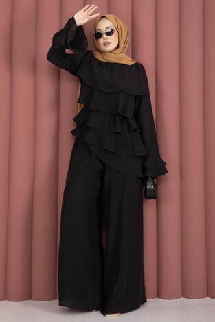Kat Kat Fırfırlı Tunik Pantolon İkili Takım Siyah - Thumbnail