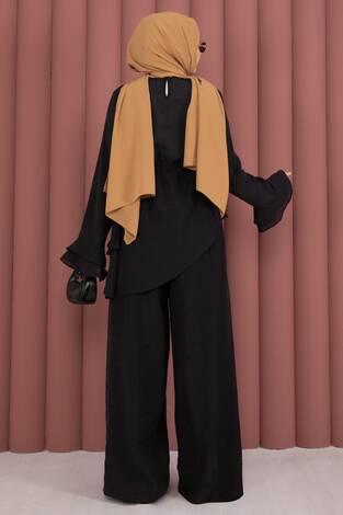 Kat Kat Fırfırlı Tunik Pantolon İkili Takım Siyah - Thumbnail