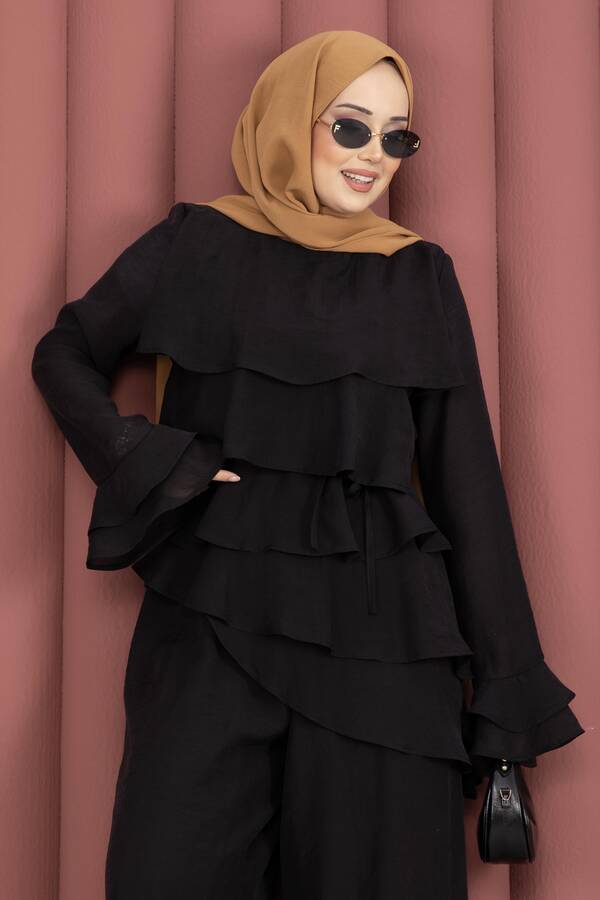 Htn - Kat Kat Fırfırlı Tunik Pantolon İkili Takım Siyah (1)