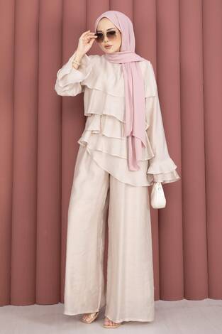 Kat Kat Fırfırlı Tunik Pantolon İkili Takım Taş - Thumbnail