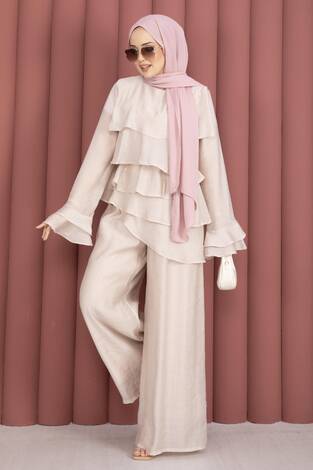 Kat Kat Fırfırlı Tunik Pantolon İkili Takım Taş - Thumbnail