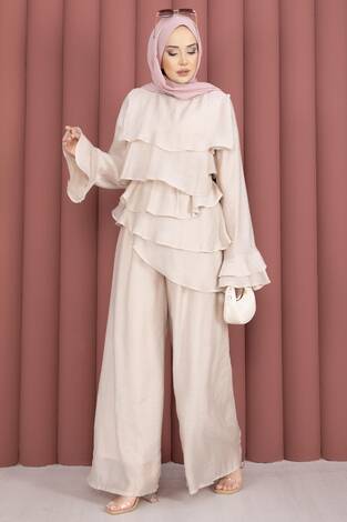 Kat Kat Fırfırlı Tunik Pantolon İkili Takım Taş - Thumbnail