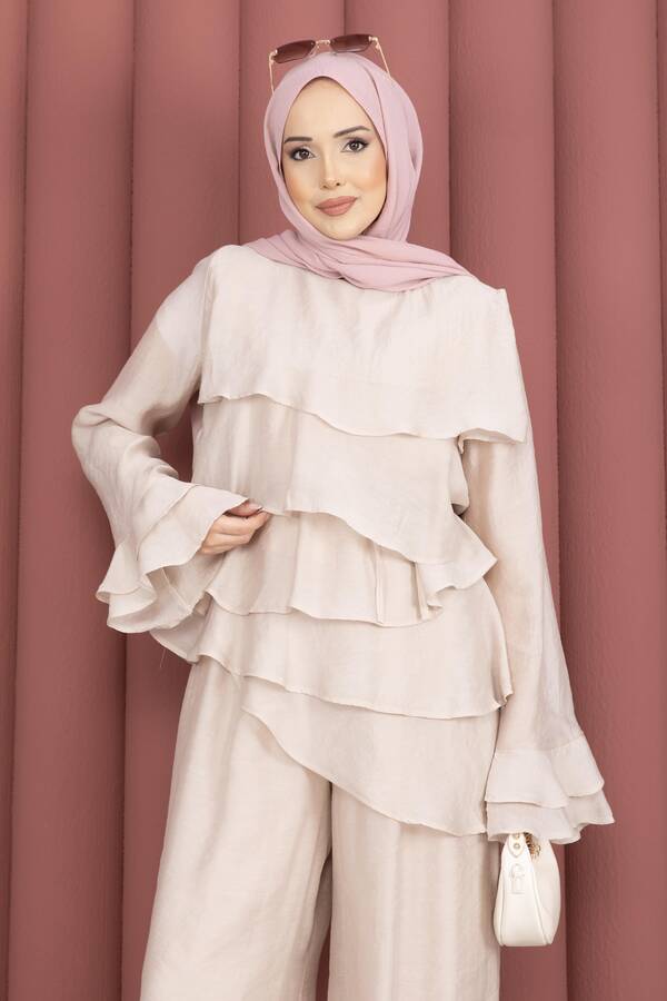 Htn - Kat Kat Fırfırlı Tunik Pantolon İkili Takım Taş (1)