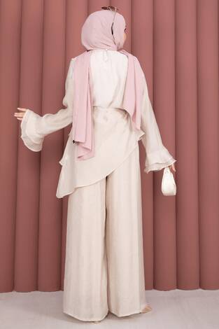 Kat Kat Fırfırlı Tunik Pantolon İkili Takım Taş - Thumbnail