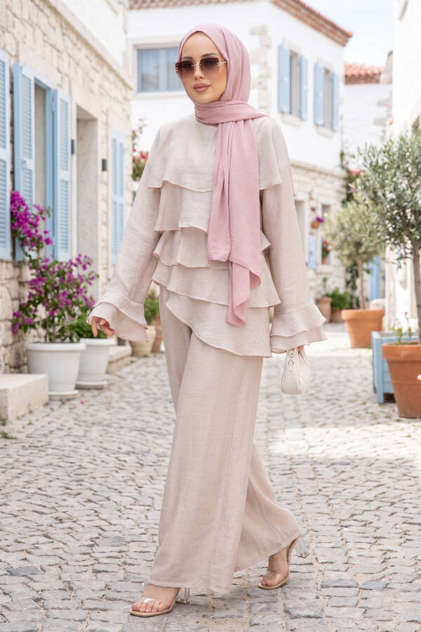 Htn - Kat Kat Fırfırlı Tunik Pantolon İkili Takım Taş