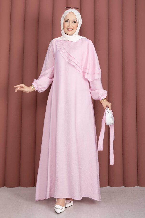 Kat Kat Pelerin Detaylı Kuşaklı Elbise Pembe - 4