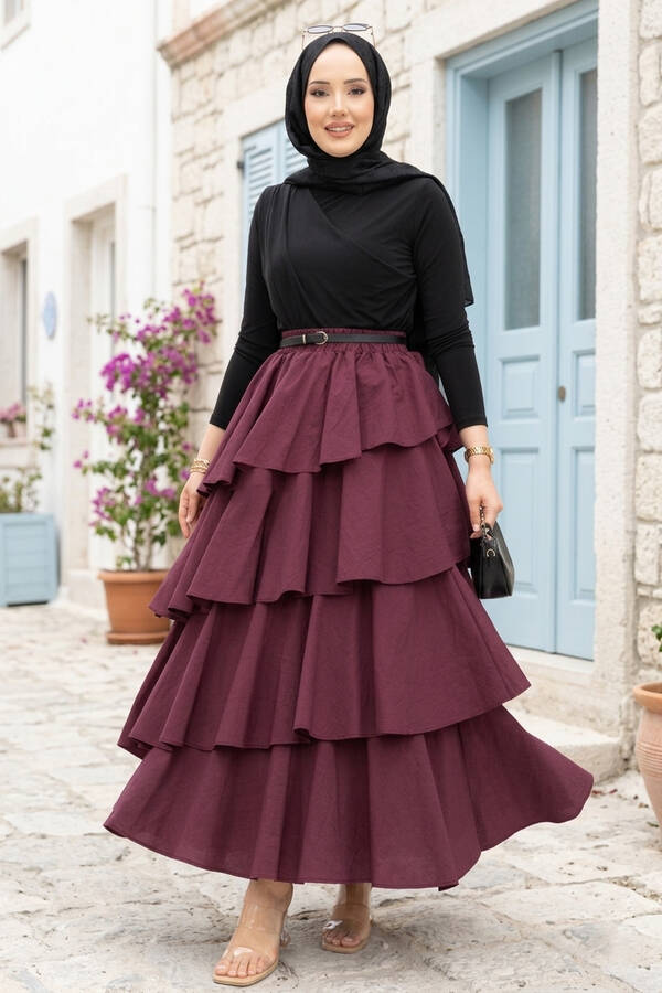 Htn - Kat Kat Volanlı Etek Bordo