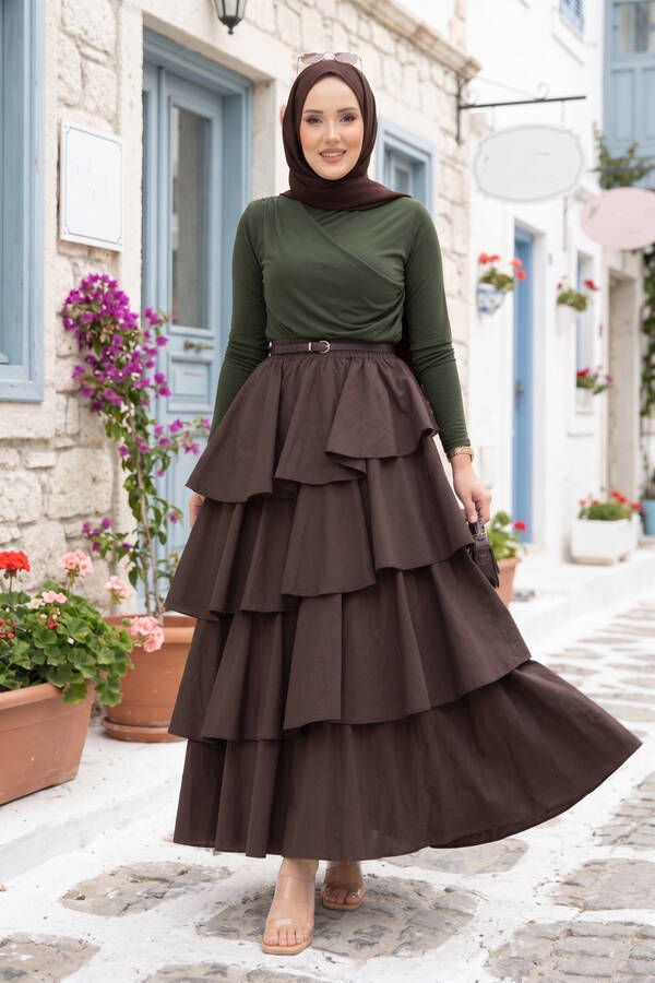 Htn - Kat Kat Volanlı Etek Kahve